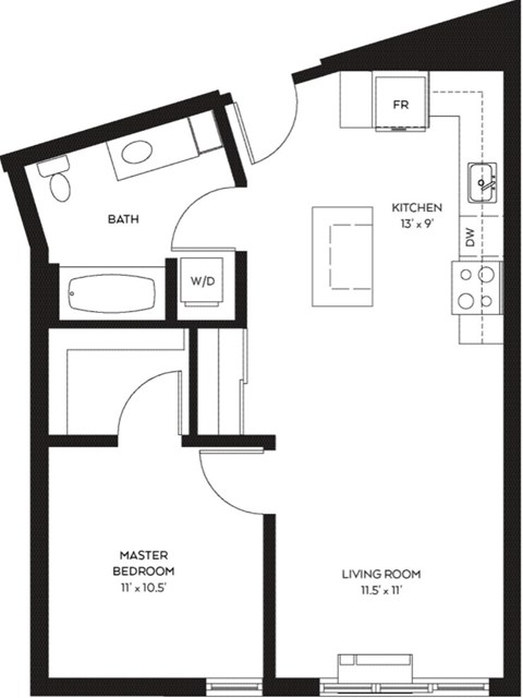 Floor plan for 1 bed, 1 bath, 636 sqft